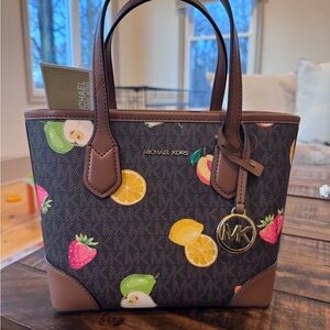 Michael Kors Black and Brown Tote with Fruit Accents